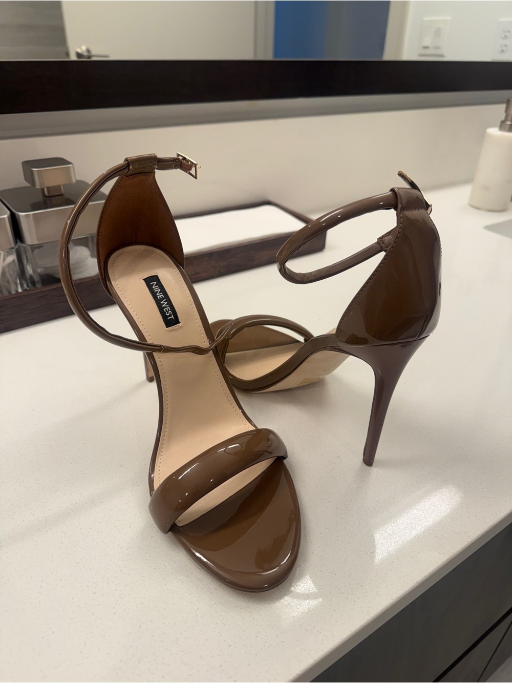 Teeya Ankle Strap Sandals Brown Patent Ankle-Strap Stiletto Heels